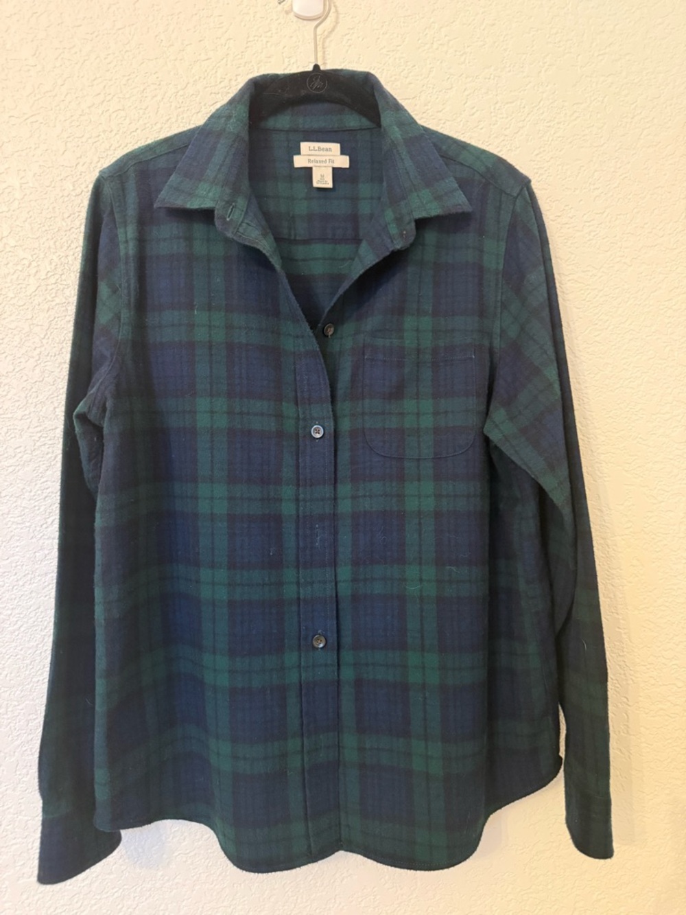 LL BEAN blue green plaid relaxed fit long sleeve flannel shirt size Medium